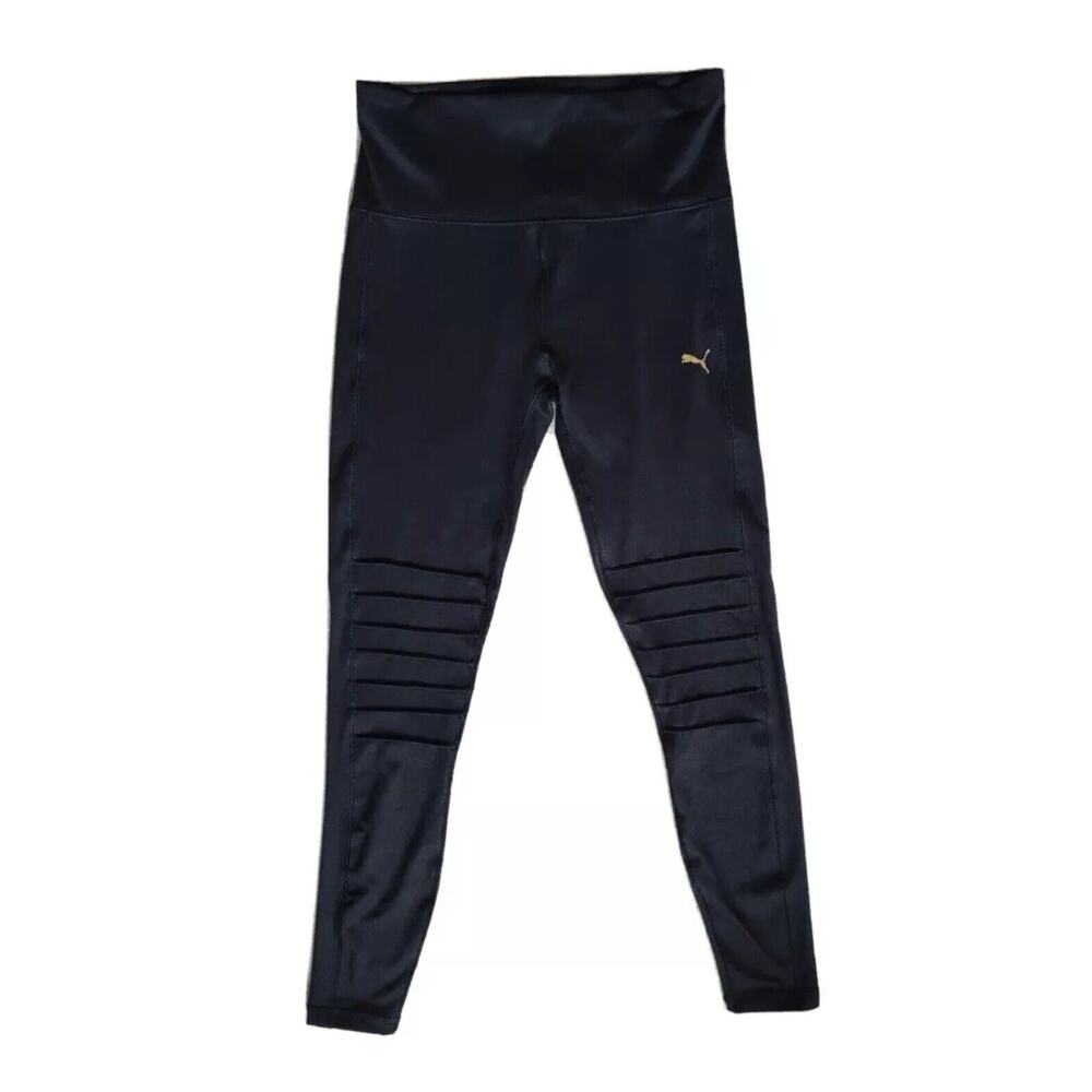 Puma Moto Active Leggings‎ Sz L Black Modern Ribbed Chic Core Stretch Yoga Gym